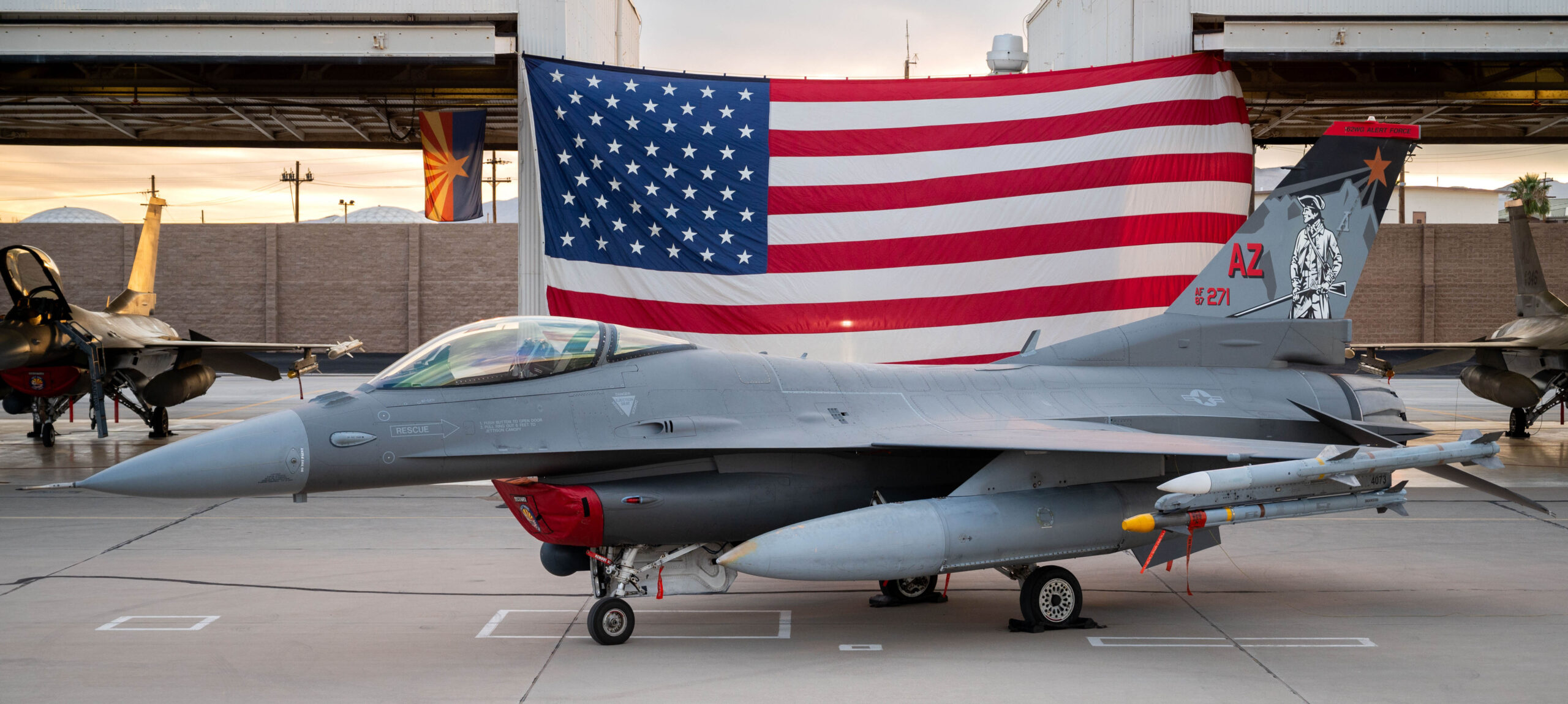 F16 and American Flag at the 162d Fighter Wing Air National Guard base in Tucson Arizona